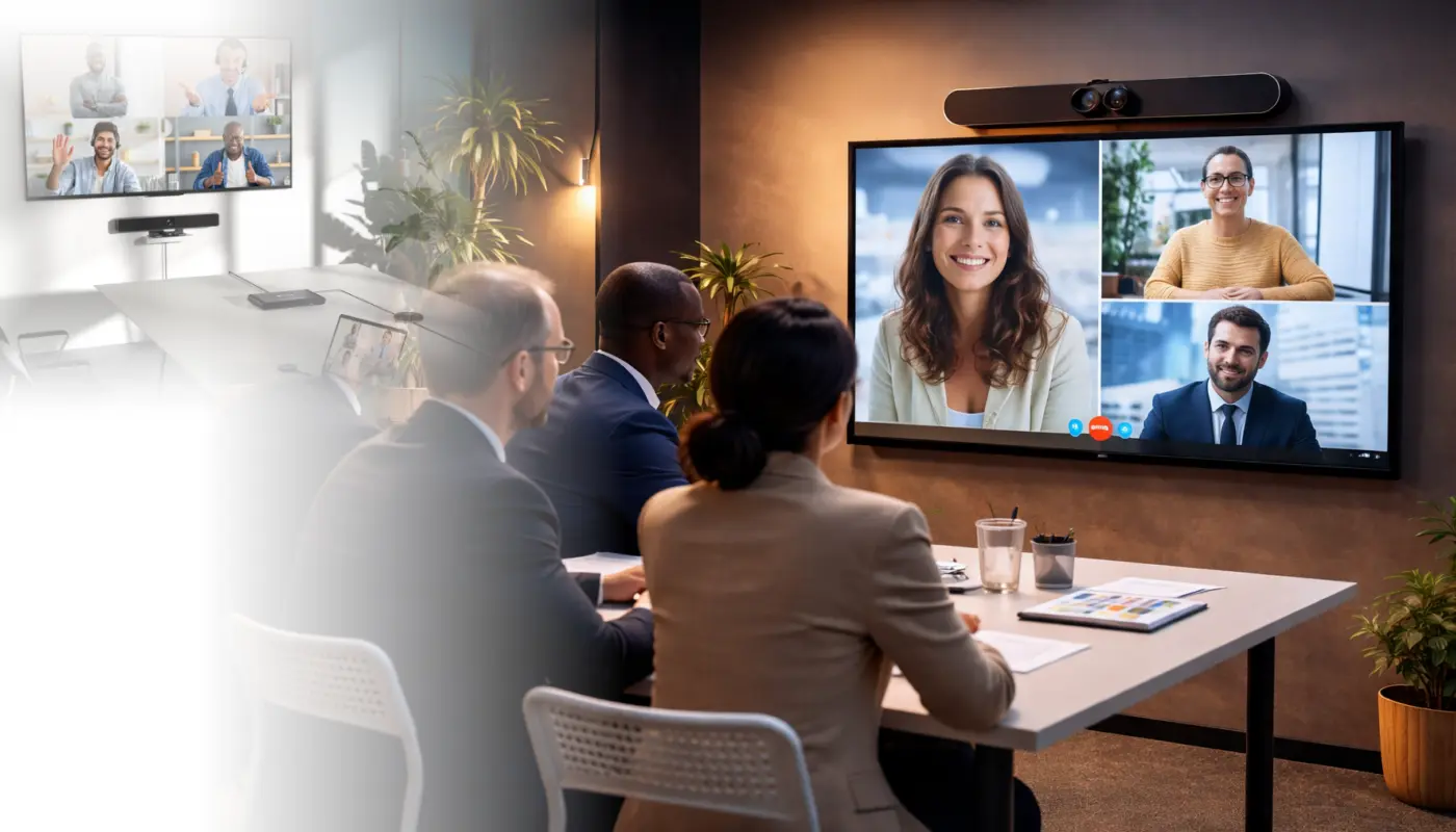 Video conferencing room setup Dubai — video bar mounted above screen with remote participants on display